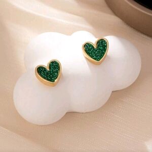 Heart-Shaped Gold and Green Stud Earrings